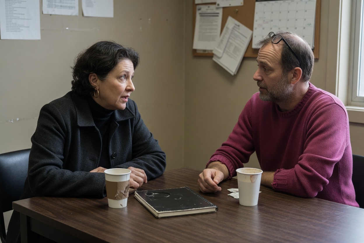 Two people sitting at a table having a conversation