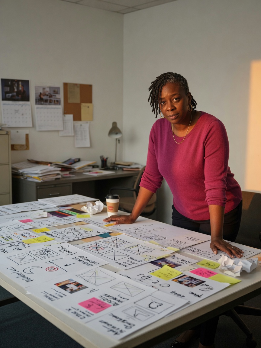 Showrunner reviewing storyboards at a table
