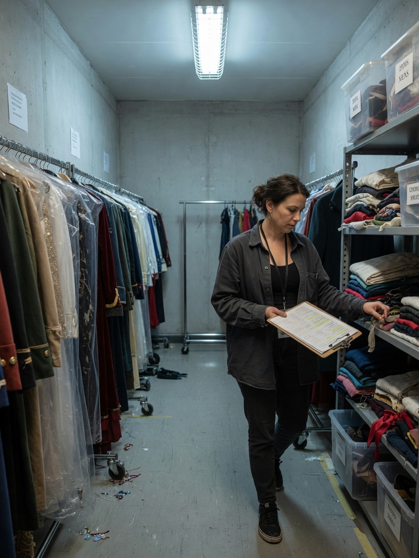 Talent coordinator reviewing kit in a wardrobe corridor